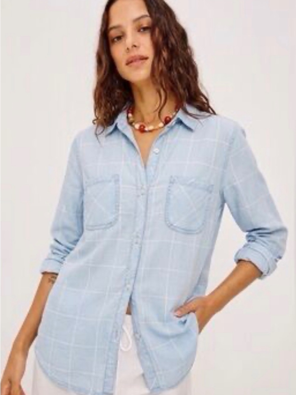 Rails Carter Long Sleeve Button Down Shirt Large Light Blue Grid Pattern Classic